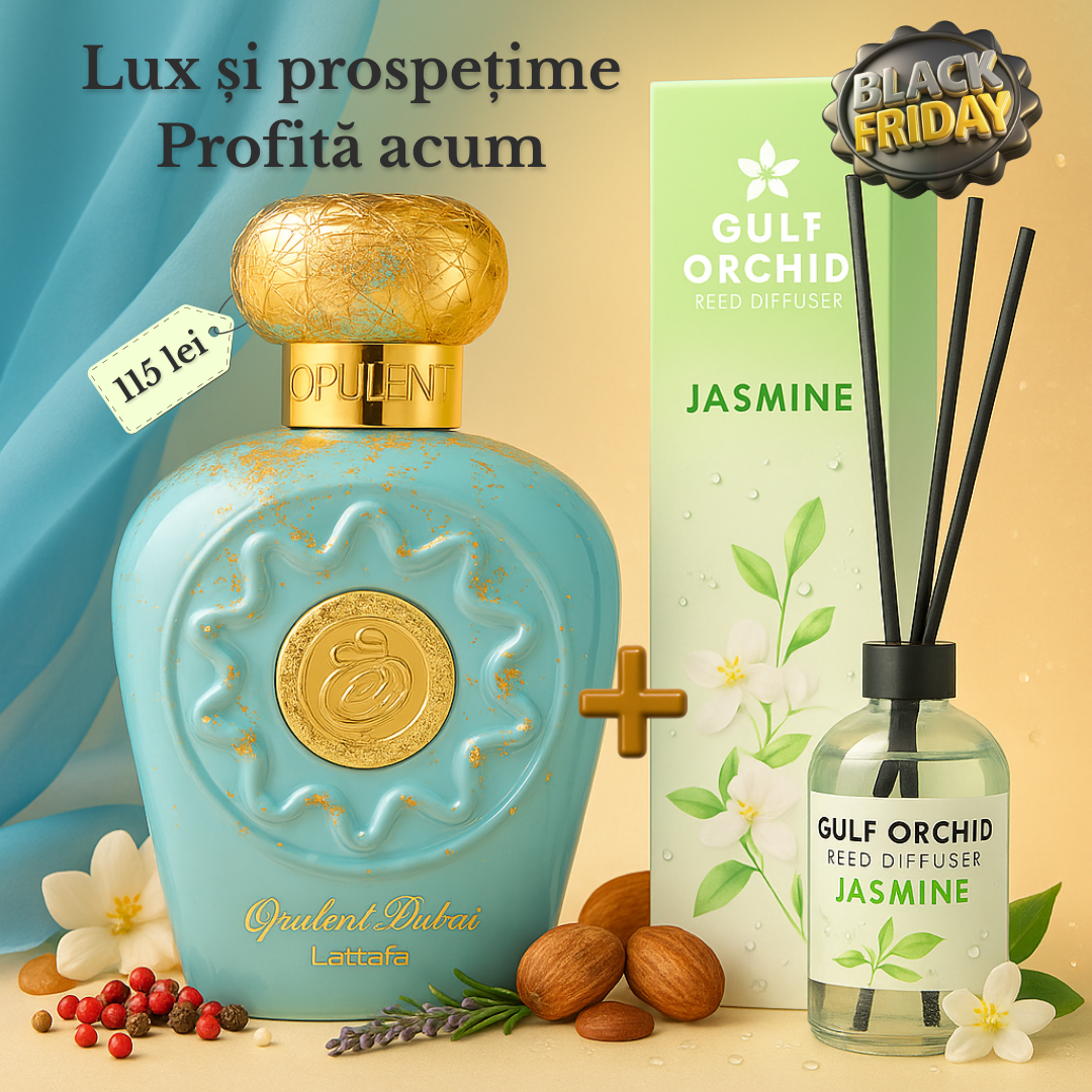 Pachet Lattafa Opulent Dubai 100 ml + Gulf Orhid Reed Diffuser 110 ml Jasmine