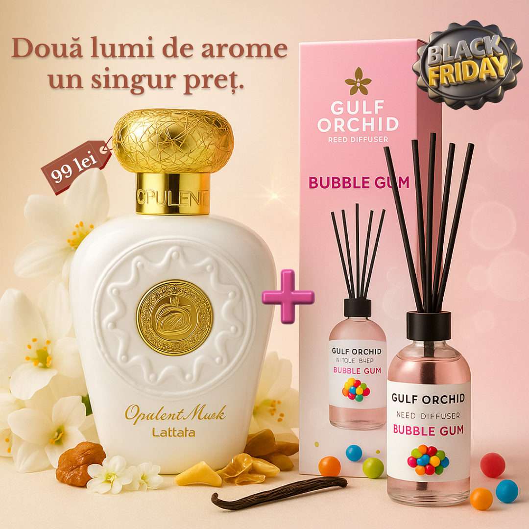 Pachet Lattafa Opulent Musk  100 ml + Gulf Orhid Reed Diffuser 110 ml Bubble Gum